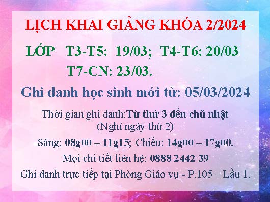 Lịch khai giảng khóa 02.2024 Lớp năng khiếu Nhà Thiếu nhi Tp. Hồ Chí Minh