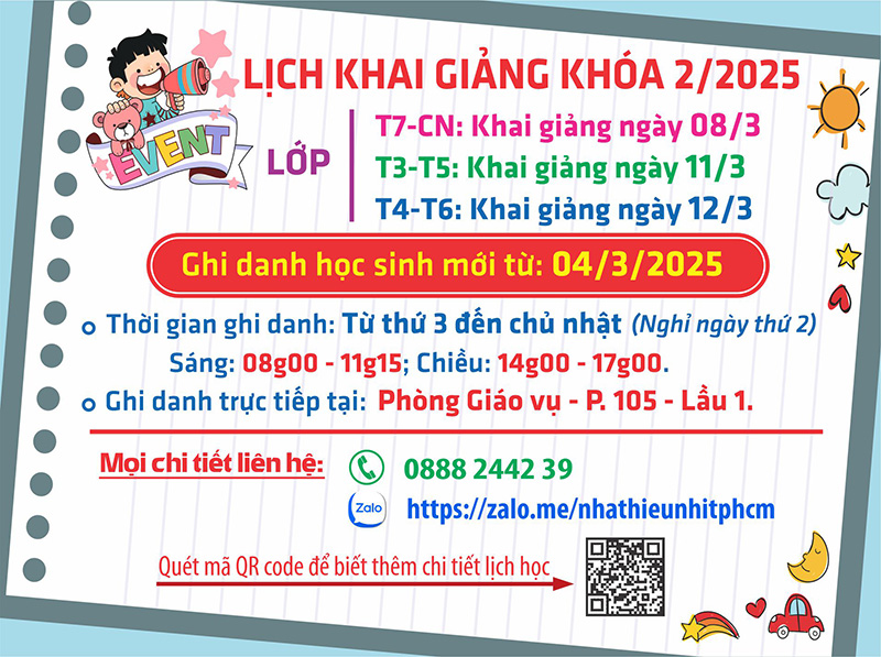 Lịch khai giảng khóa 02.2025 Lớp năng khiếu Nhà Thiếu nhi Tp. Hồ Chí Minh