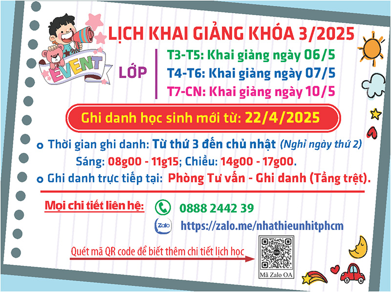 Lịch khai giảng khóa 03.2025 Lớp năng khiếu Nhà Thiếu nhi Tp. Hồ Chí Minh