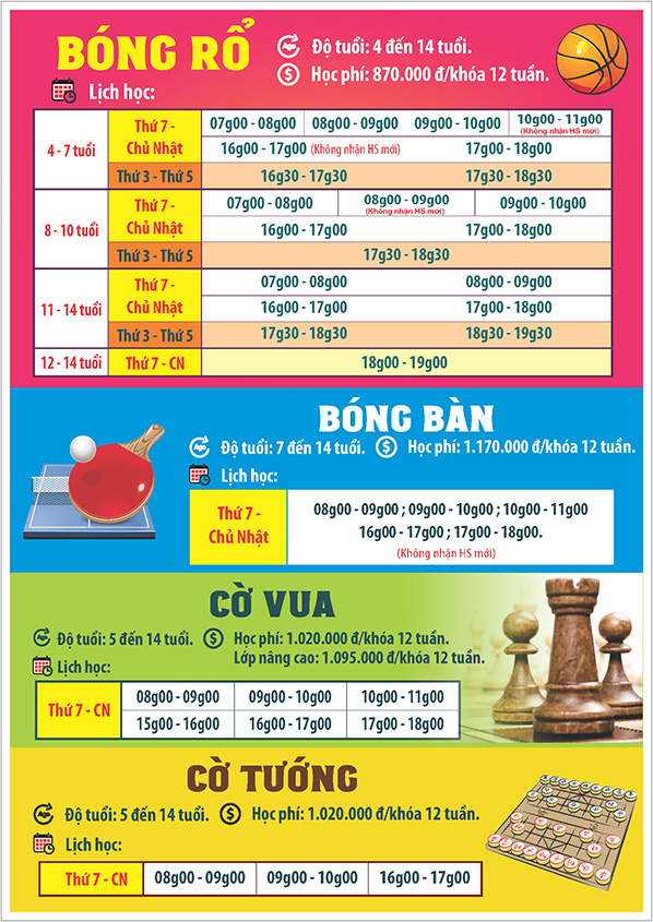 Lịch khai giảng khóa 03.2025 Lớp năng khiếu Nhà Thiếu nhi Tp. Hồ Chí Minh